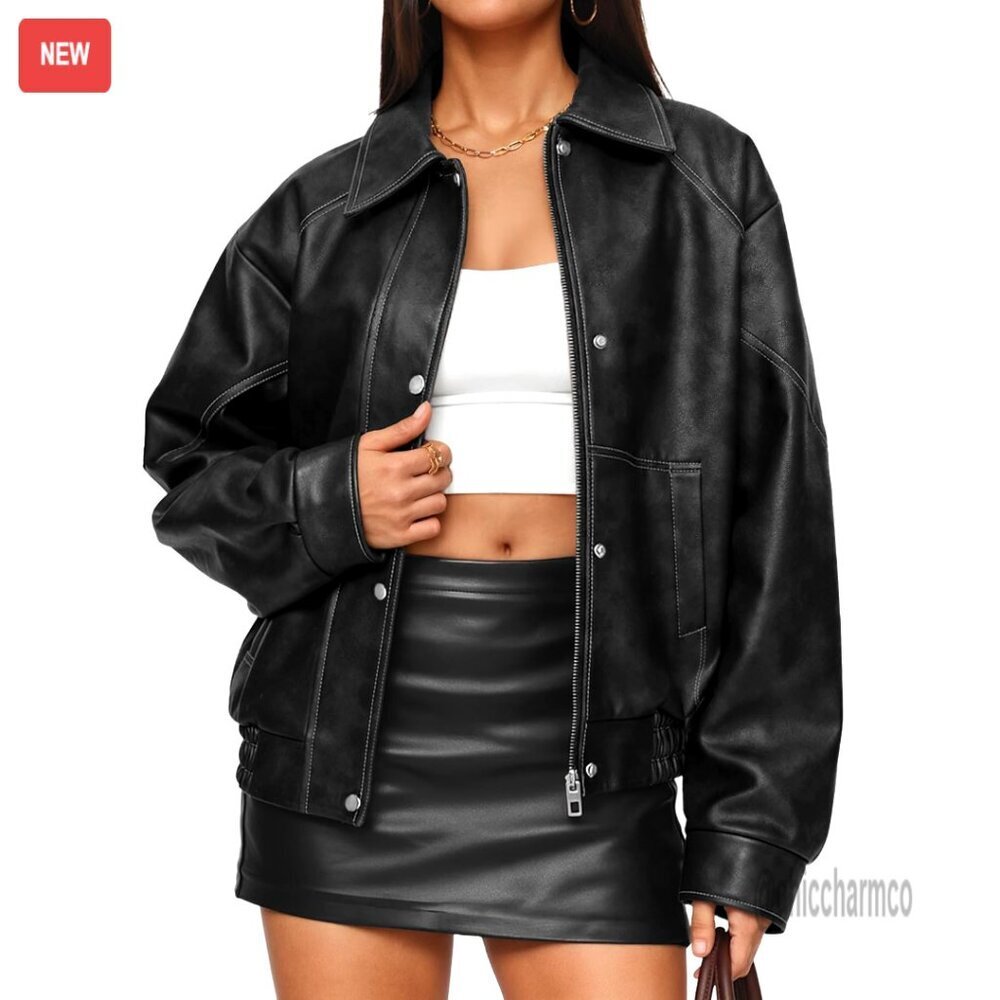 Oversized Faux Leather Bomber Jacket, Motorcycle Style, Winter Coat